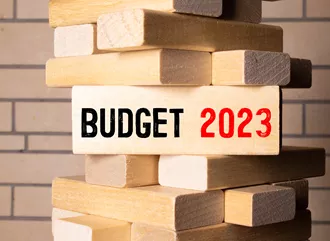 Building blocks with budget 2023 on one block