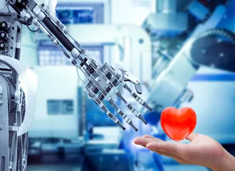 A robot giving a heart to a human